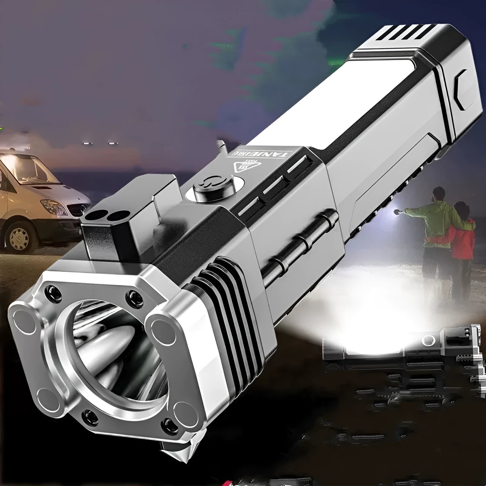 Silver coloured portable LED emergency work light and power bank with strong beam flashlight.