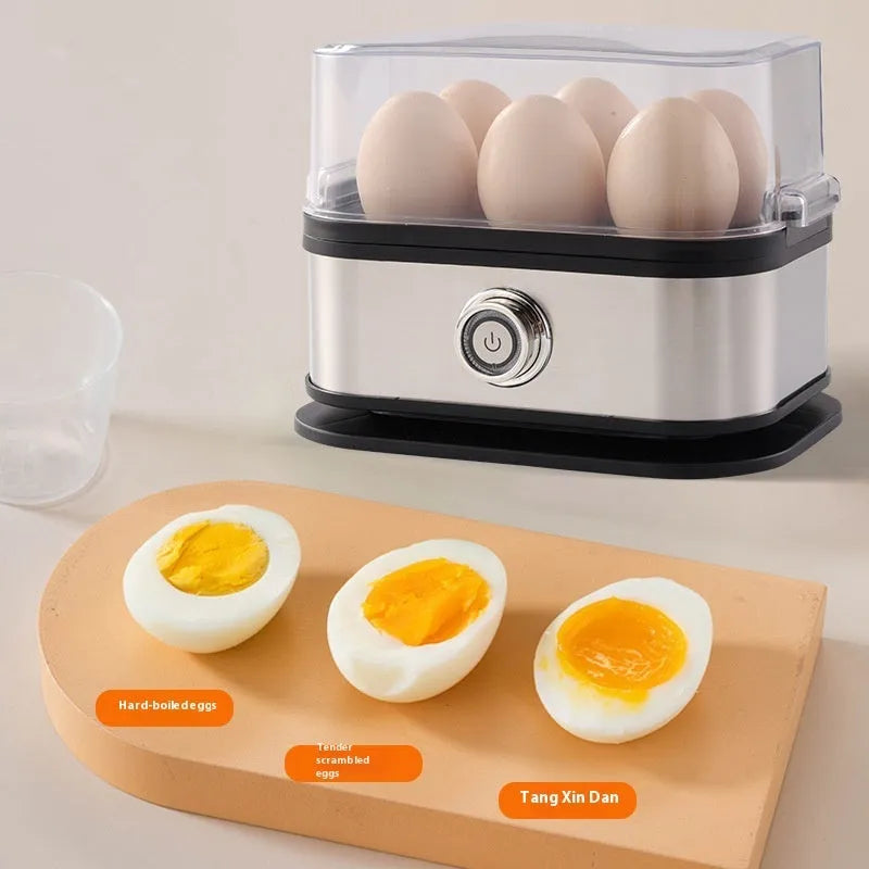 Black stainless steel mini portable egg boiler on a white background.