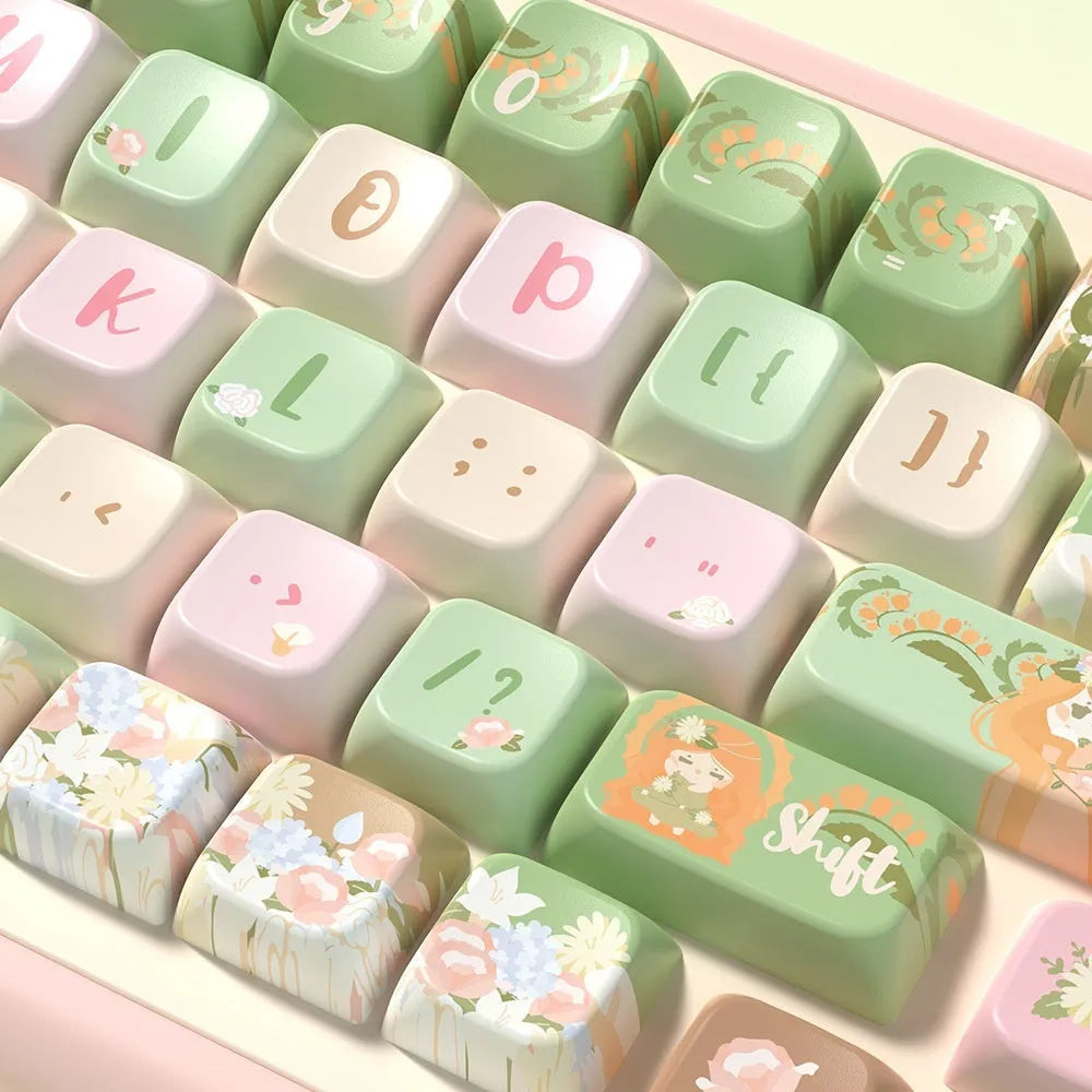 Summer Garden design dye-sublimation printed keycap set for mechanical keyboards, shown in 138-key and 158-key options.