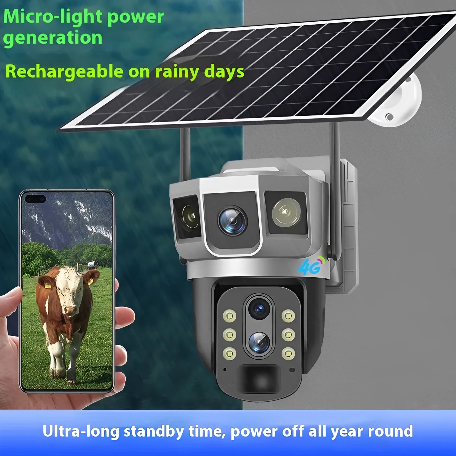 V380 outdoor security camera with solar panel showing 10x zoom lens and 4G antenna