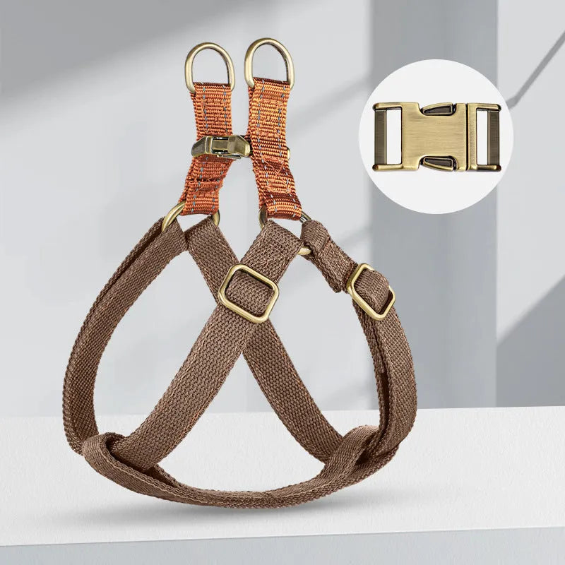 Brown vest-style dog harness and leash with alloy clips on a small dog