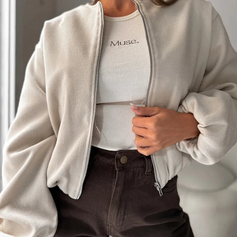Women's off-shoulder lantern sleeve short coat in brown or milky white polyester fabric