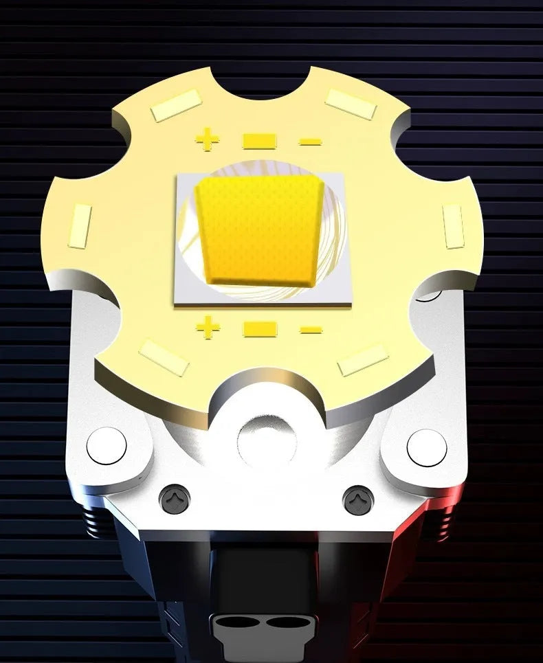 Silver coloured portable LED emergency work light and power bank with strong beam flashlight.