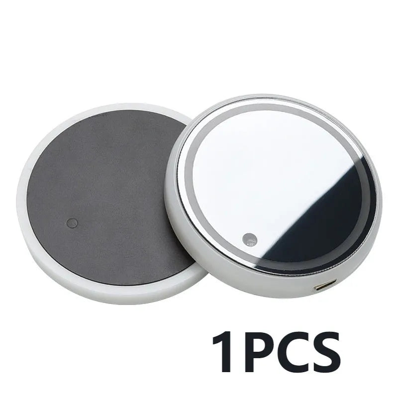 Colourful LED light-up coaster for car cup holder with USB cable on a car centre console.