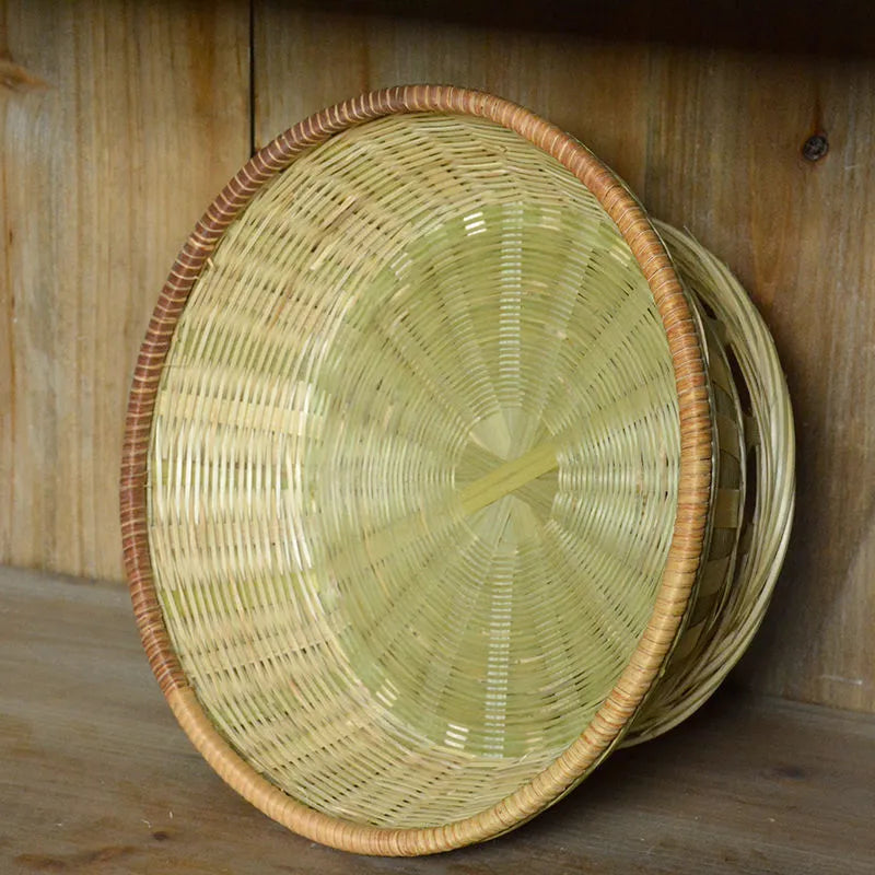 Handmade bamboo storage basket with three compartments measuring 26x8cm, 25x9cm, and 24x12cm