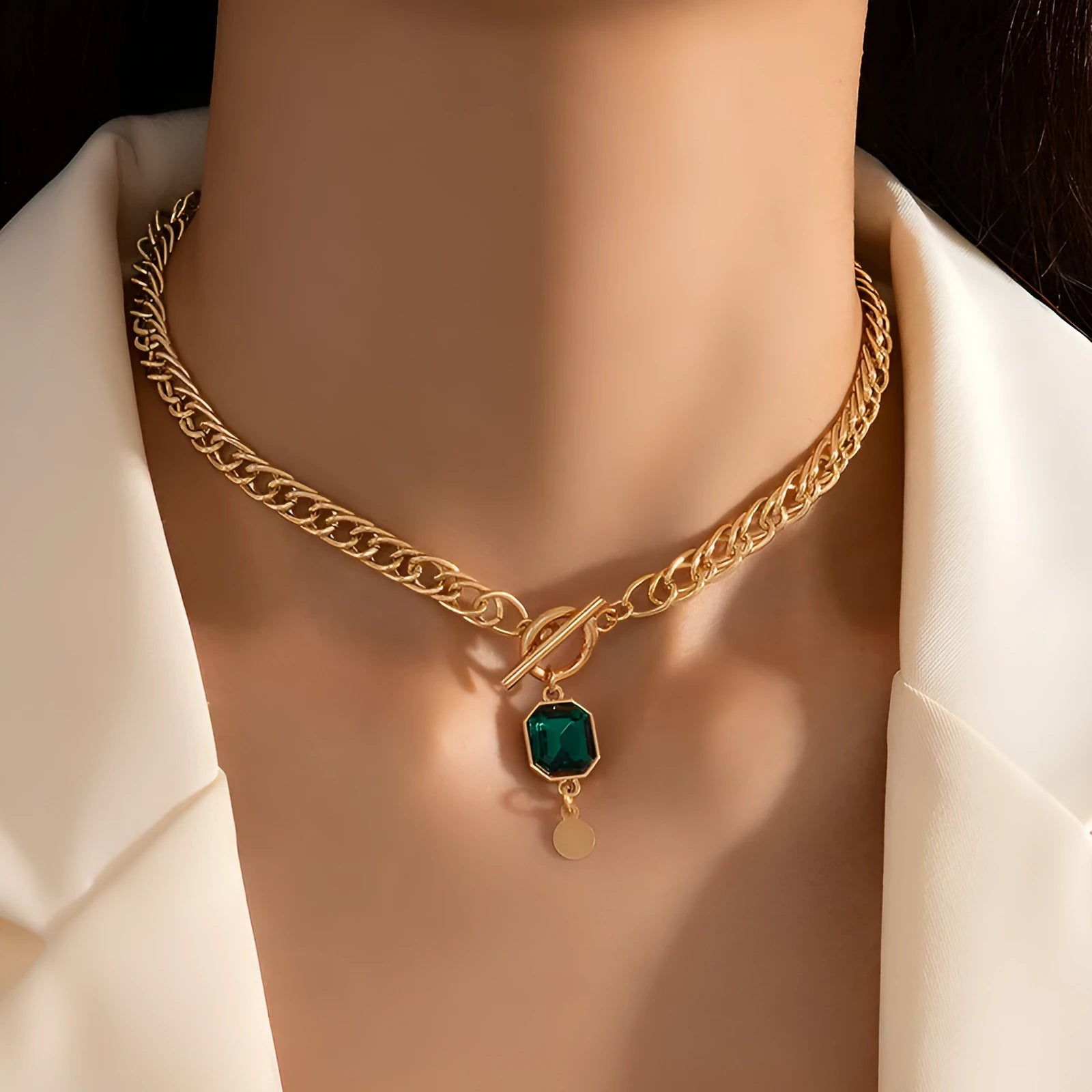 Gold geometric emerald zircon pendant necklace with titanium steel Cuban link chain