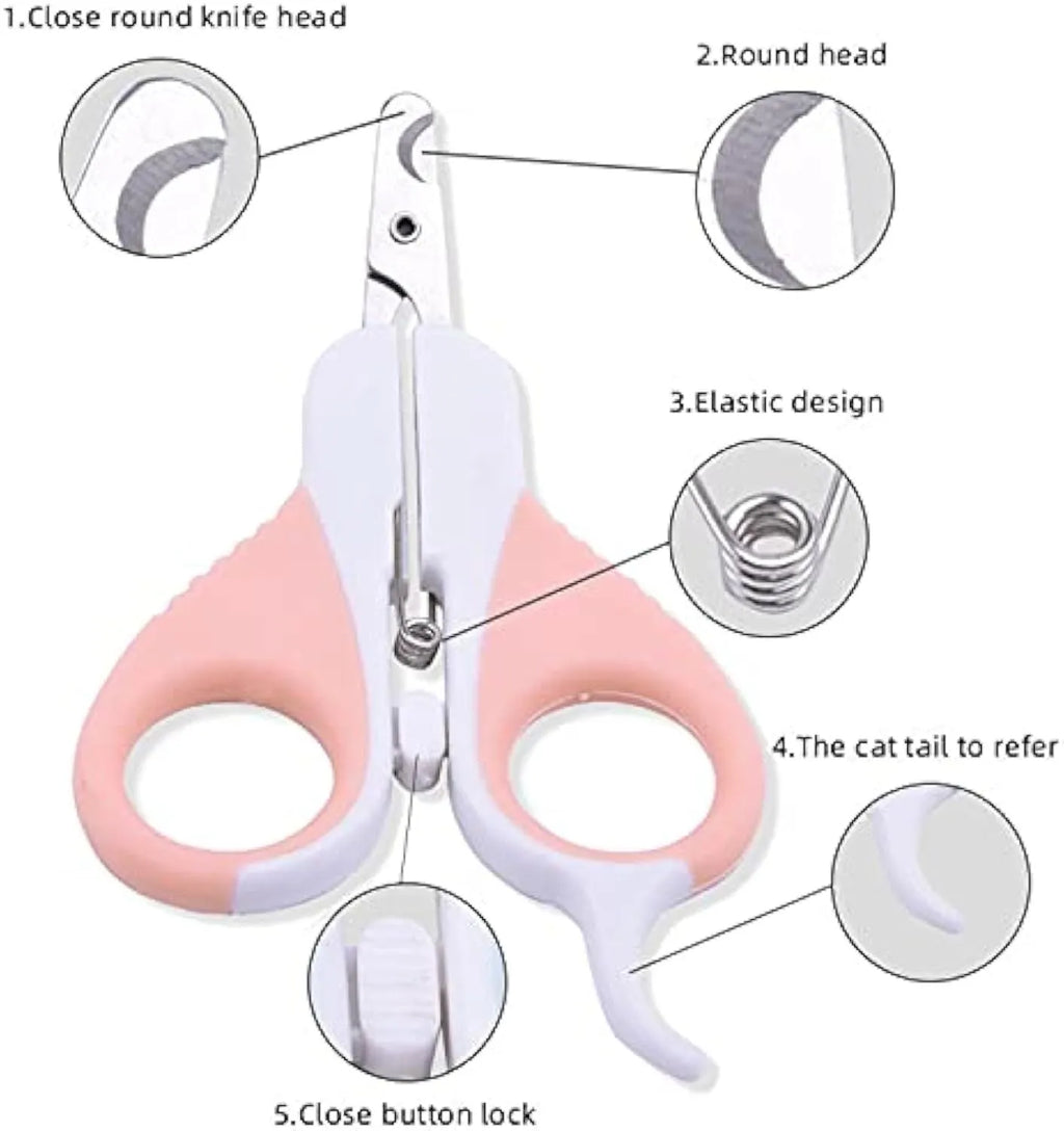 Grey and pink angled cat nail clippers with safety lock and rubber-coated handle