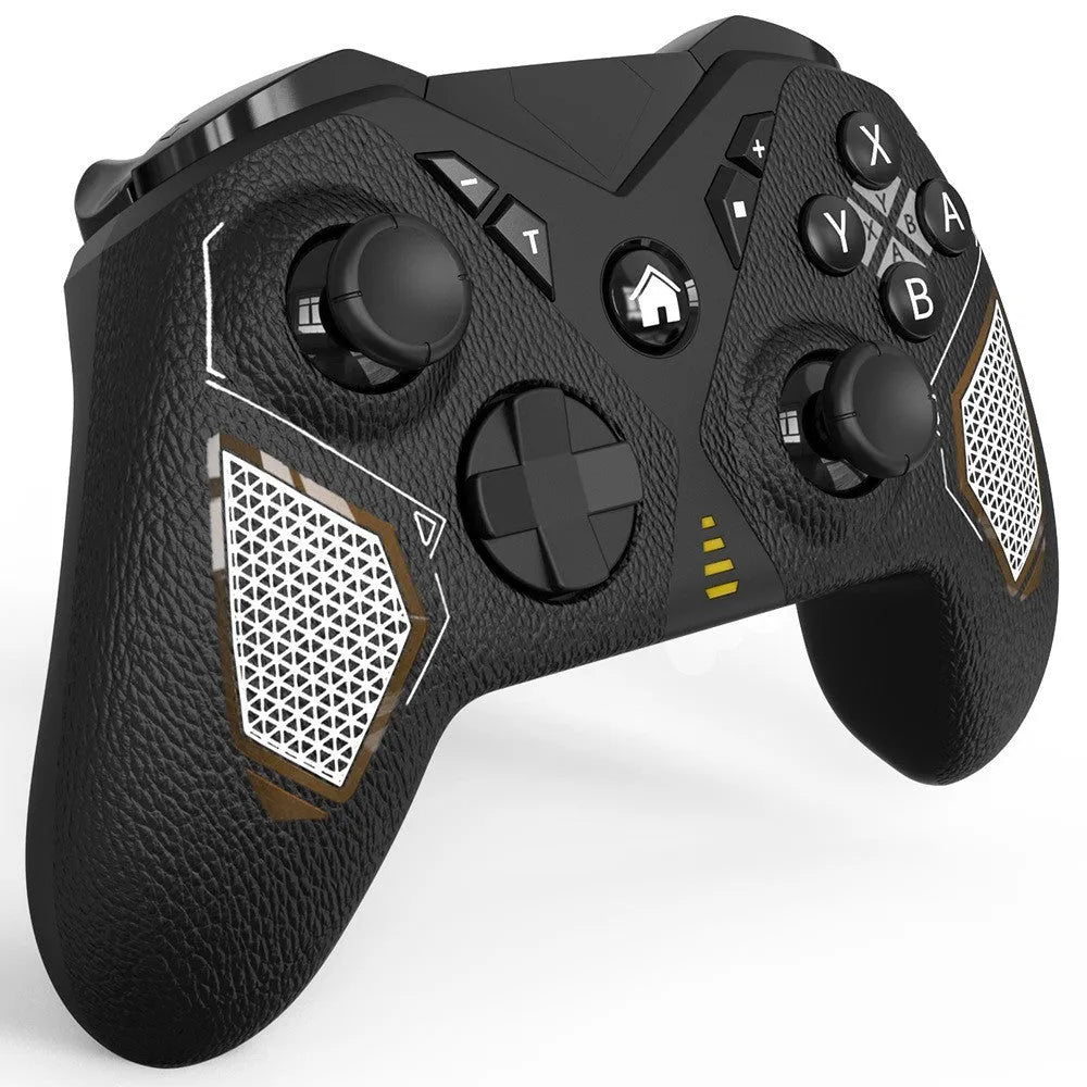 Black wireless game controller for Nintendo Switch with leather-pattern texture on grips