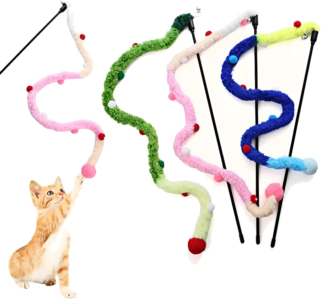 Blue cat wand toy with extended plush strip and colourful ball with bells for interactive feline play