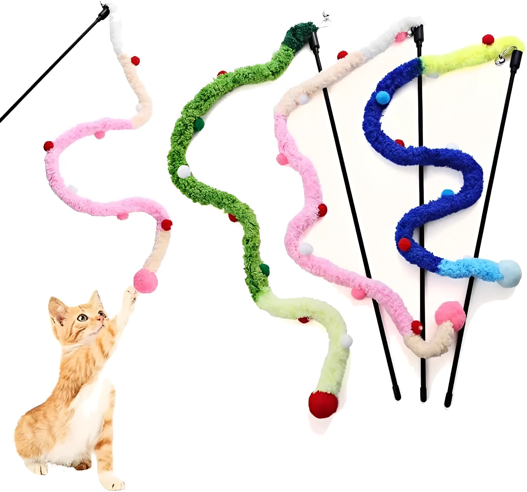Blue cat wand toy with extended plush strip and colourful ball with bells for interactive feline play