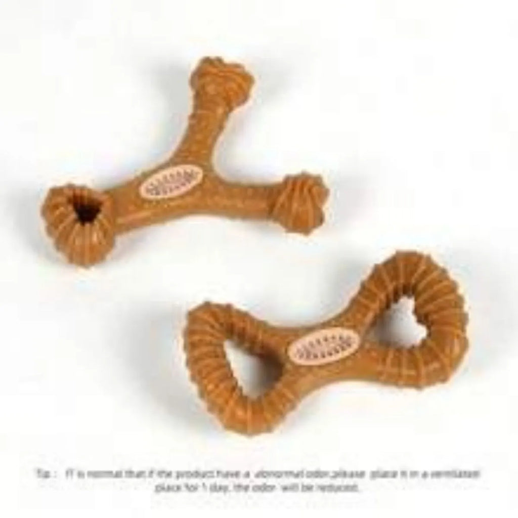 Durable rubber dog chew bone toy for teeth cleaning and play, shown in 8 shape and Y shape options.