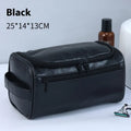 Large waterproof cosmetic bag in retro style, shown in PU leather brown and Oxford cloth navy blue options.