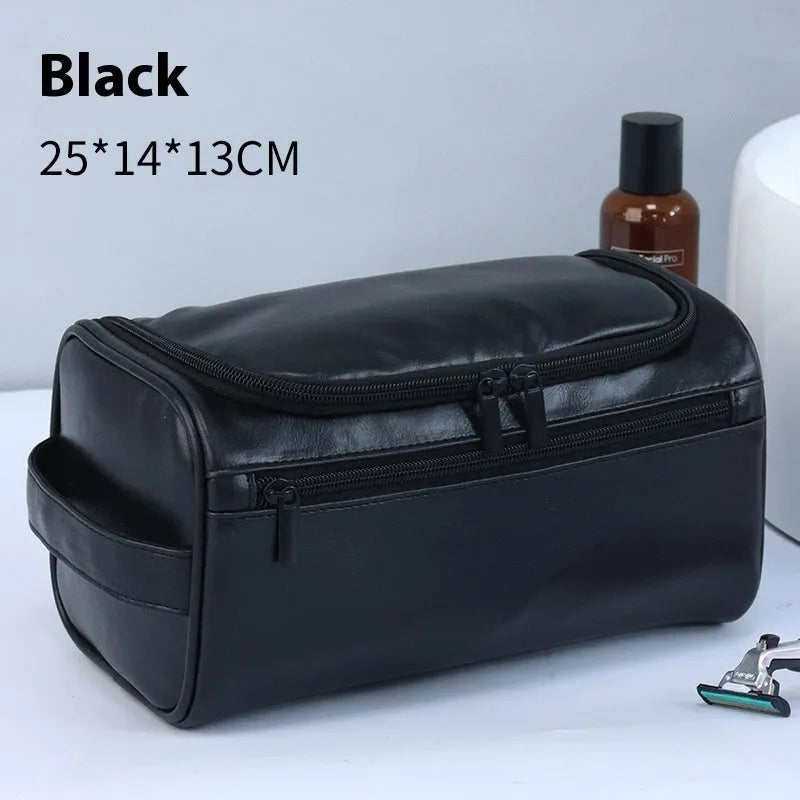 Large waterproof cosmetic bag in retro style, shown in PU leather brown and Oxford cloth navy blue options.