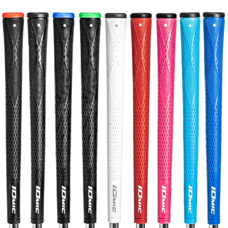 TPE material golf club grip shown in various colours including pink, blue, and black with coloured heads.