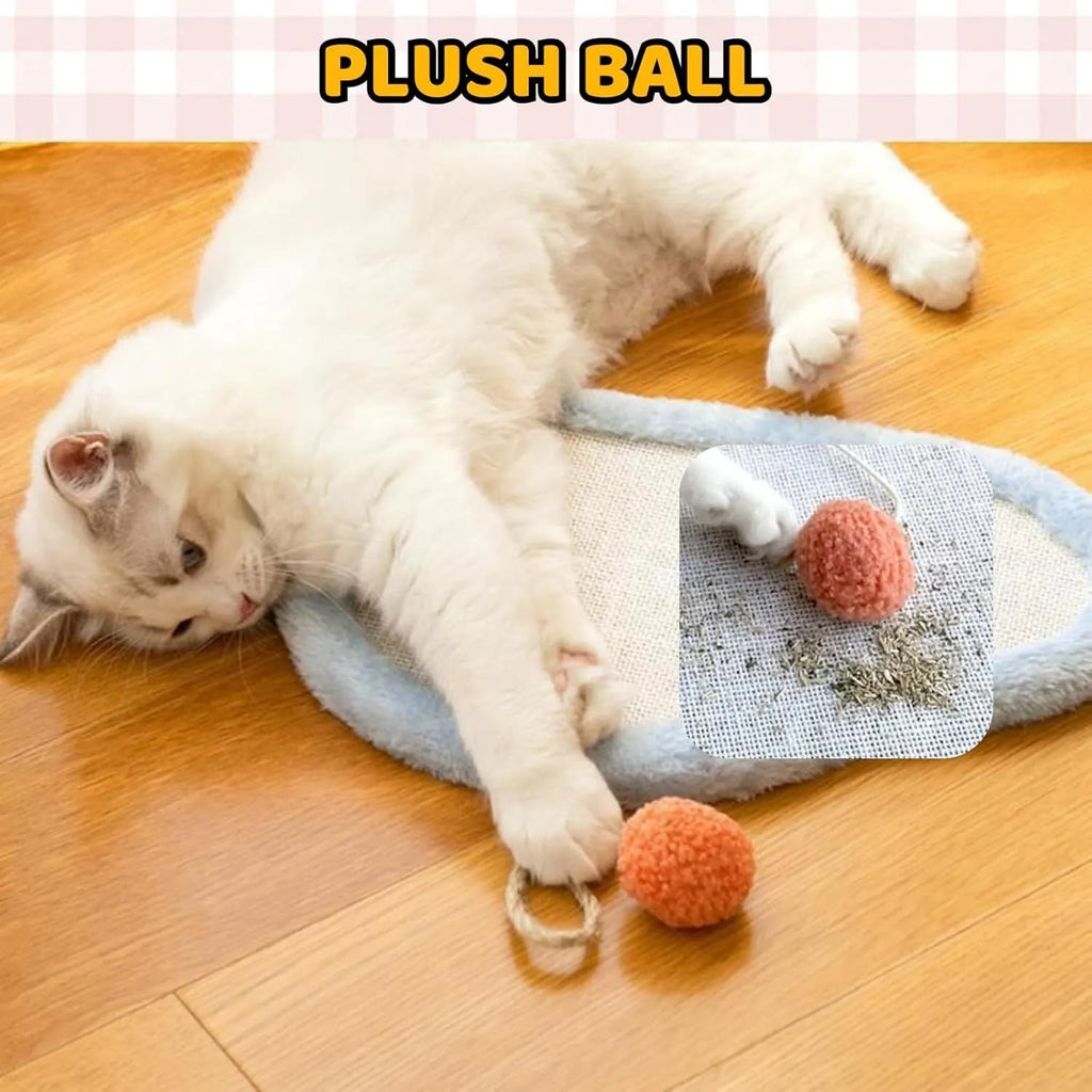 White cat scratching mat with sleeping cat pattern design mounted on wall