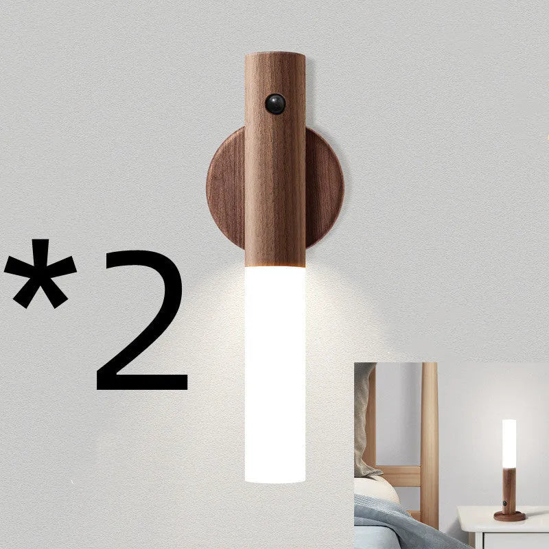 Compact smart sensor LED desk lamp made of solid wood and acrylic, showing coffee colour option.