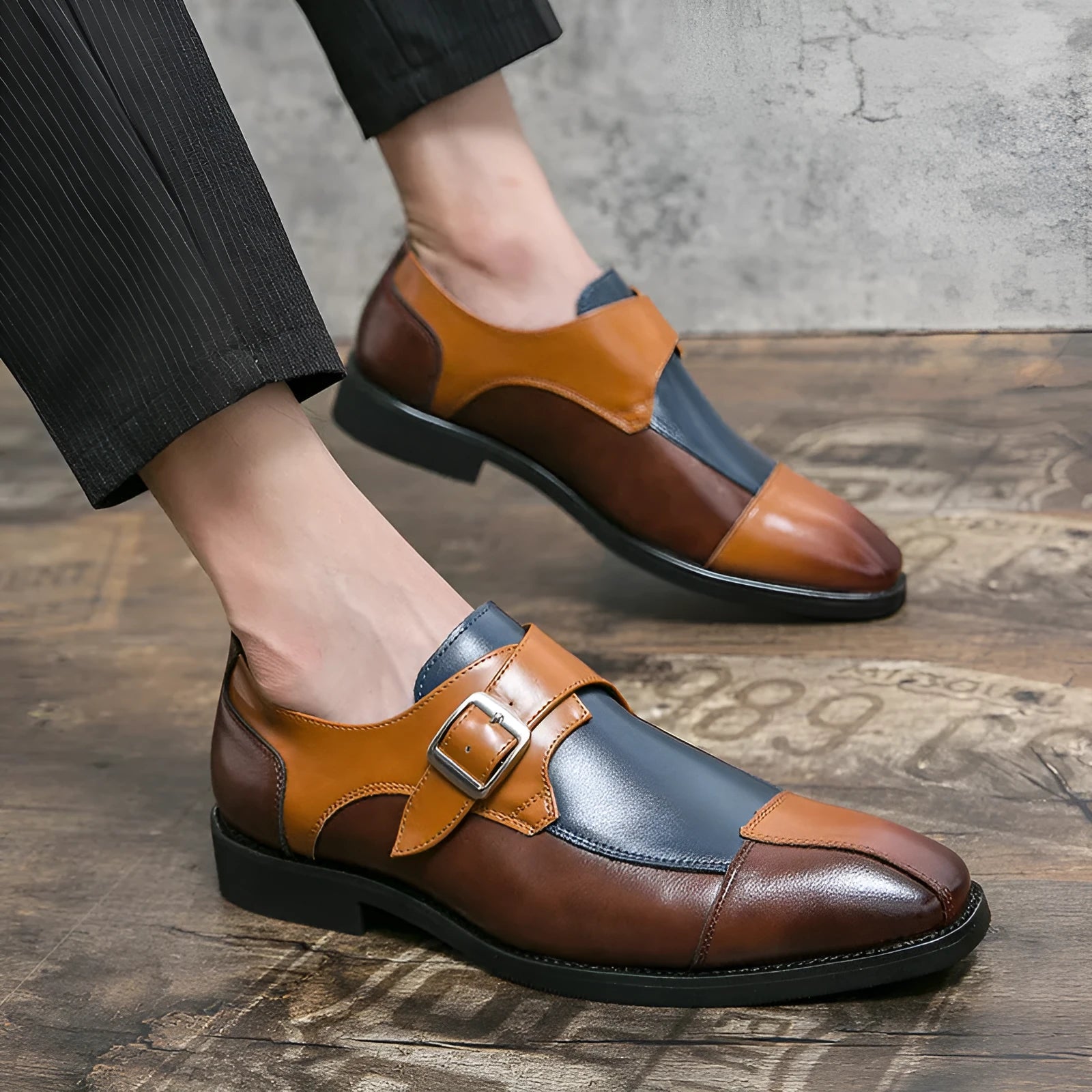 Men's brown blue retro buckle casual shoes with tall crown and microfiber upper.