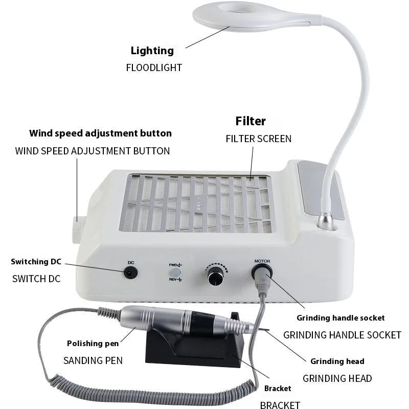 White multifunctional nail polishing machine with built-in vacuum cleaner system.