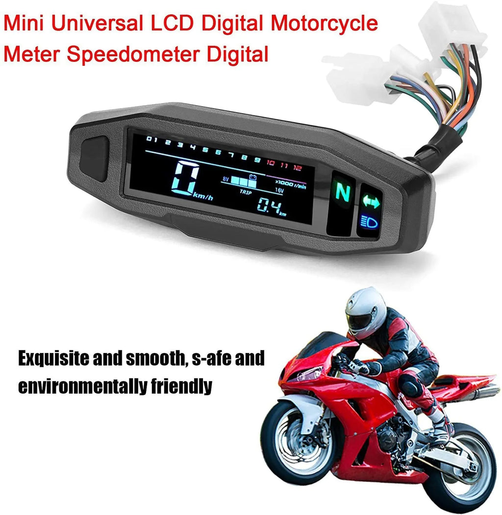 Black motorcycle mini speedometer with LCD display showing speed and oil levels
