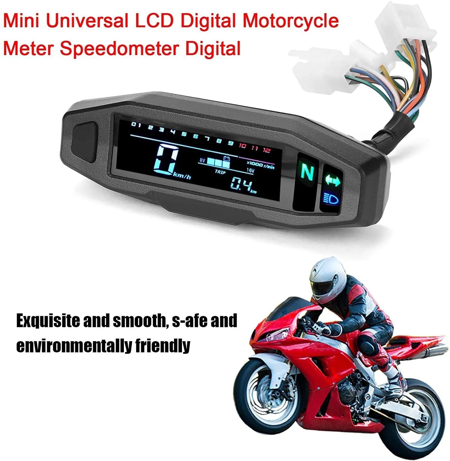 Black motorcycle mini speedometer with LCD display showing speed and oil levels