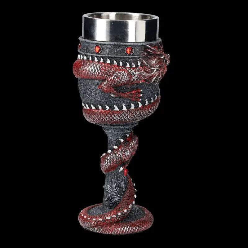 Red or gold stainless steel wine glass with a raised 3D dragon design and 200ml capacity.