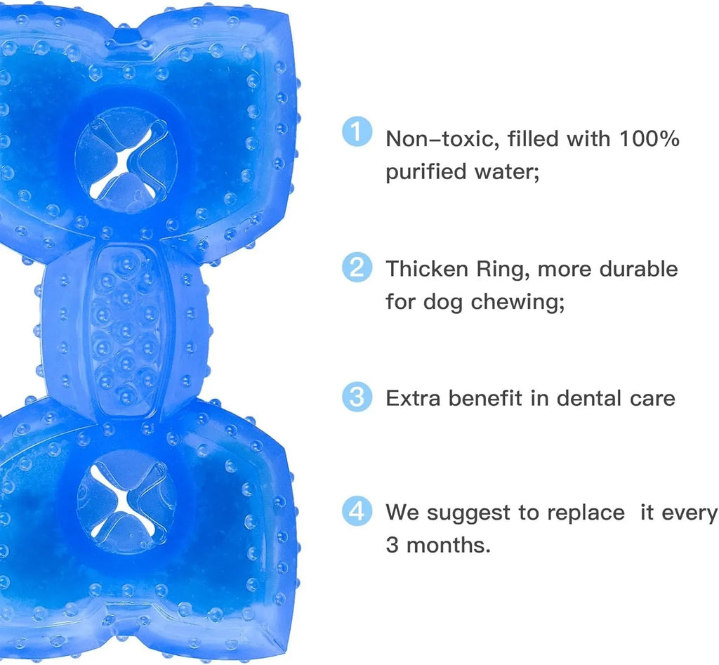 Freezable plastic dog chew toy filled with water for cooling and teething relief.
