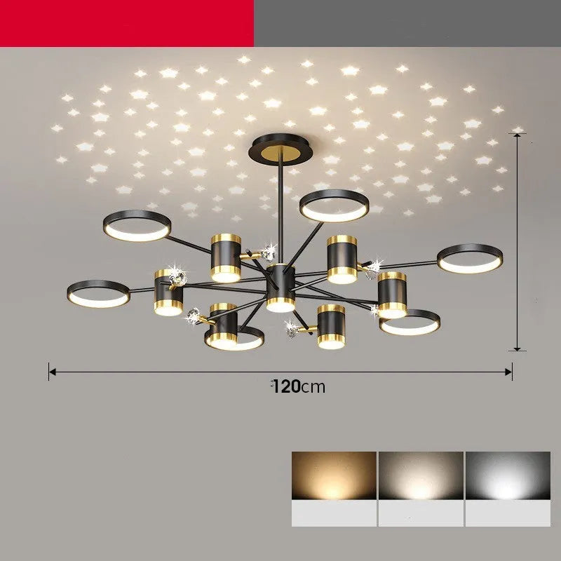 Black iron pendant chandelier with 13 lamp heads and a remote control.