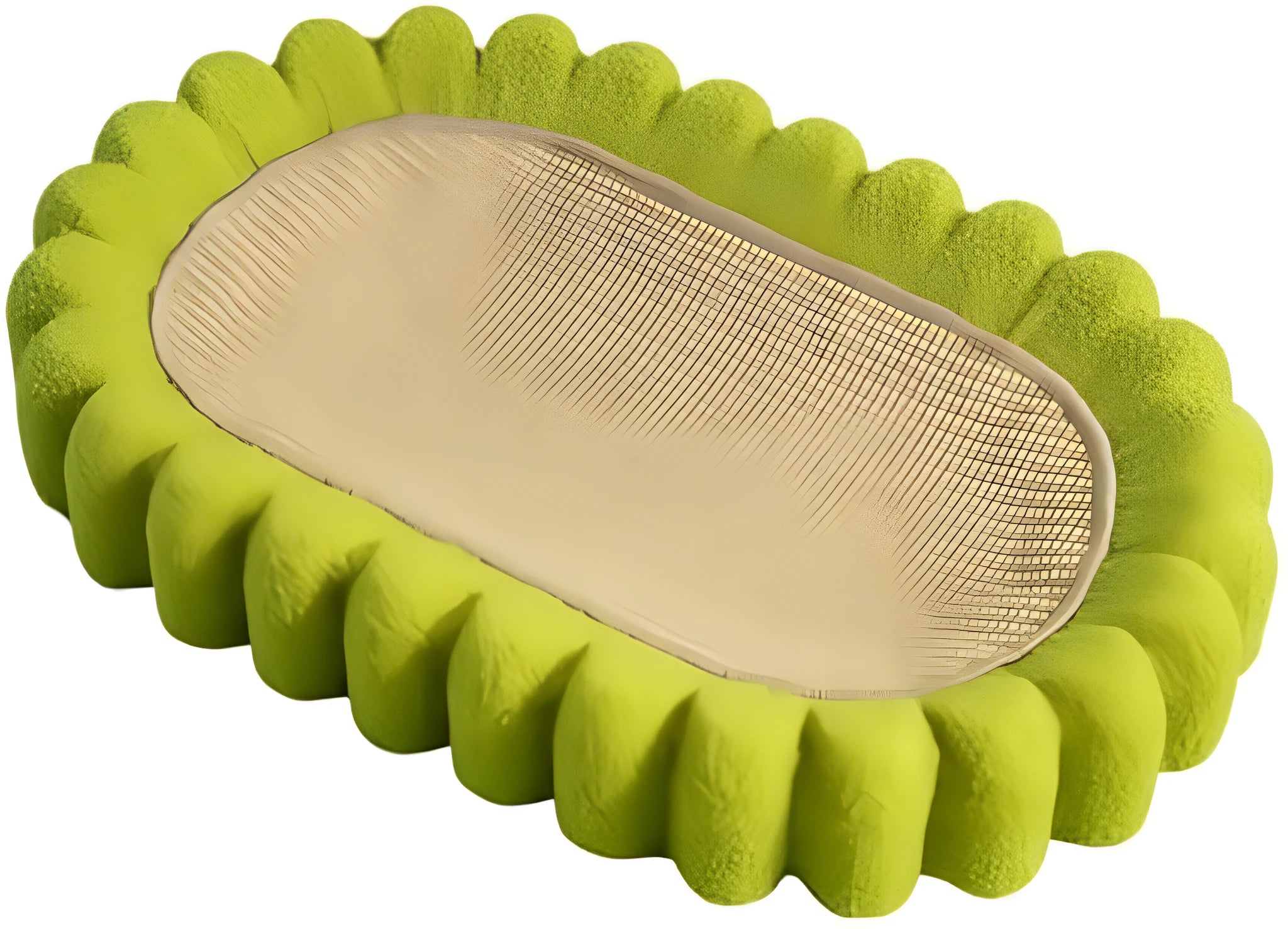 Green oval-shaped cat scratcher pad made of sisal, functioning as both a scratching surface and a lounge bed for cats.