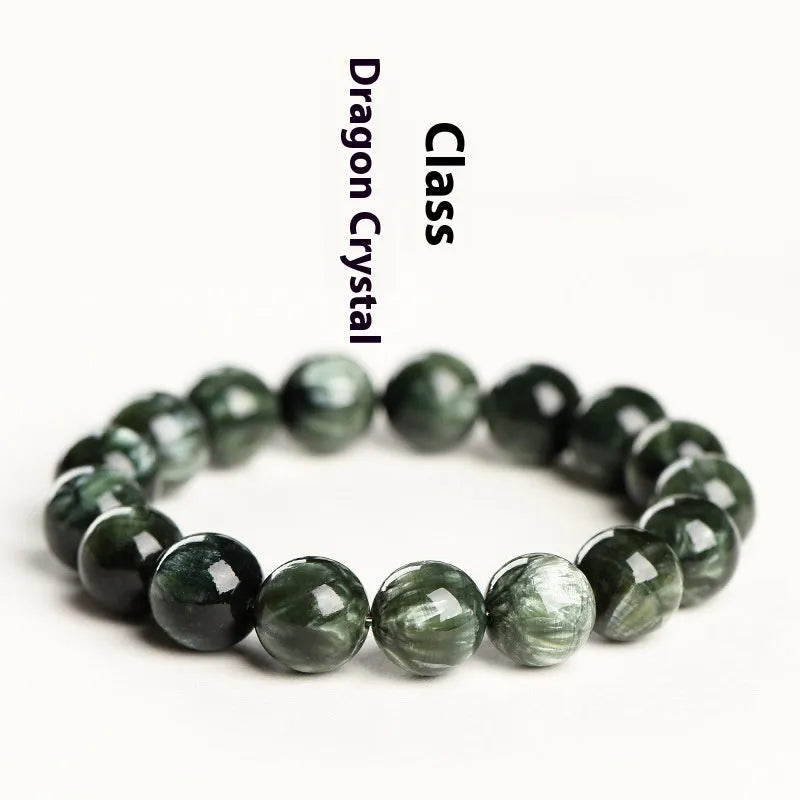 Natural green dragon crystal bracelet with 8-9mm round beads and geometric ruyi design.