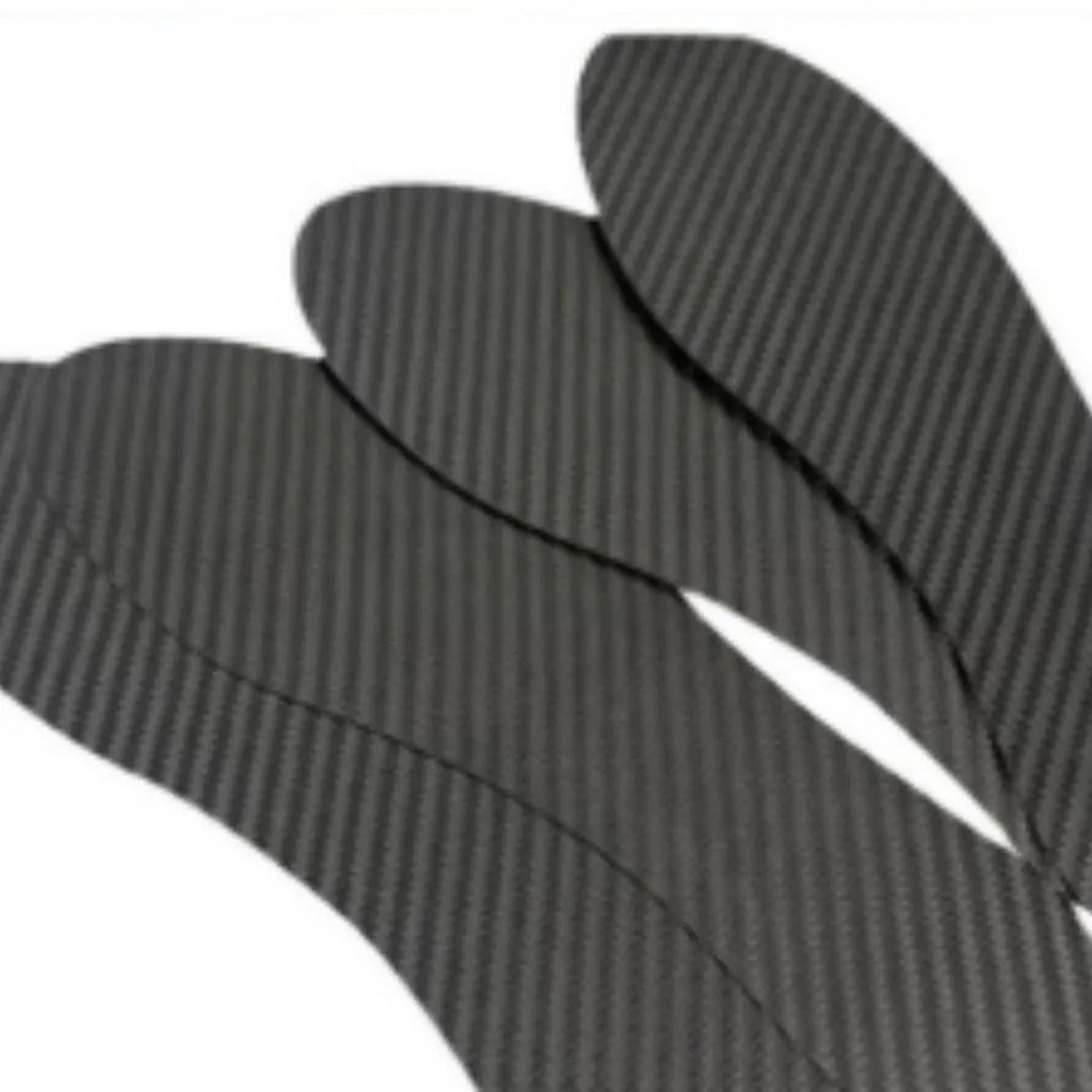 Black carbon fibre running insoles with 3K weave pattern showing full palm design for shock absorption