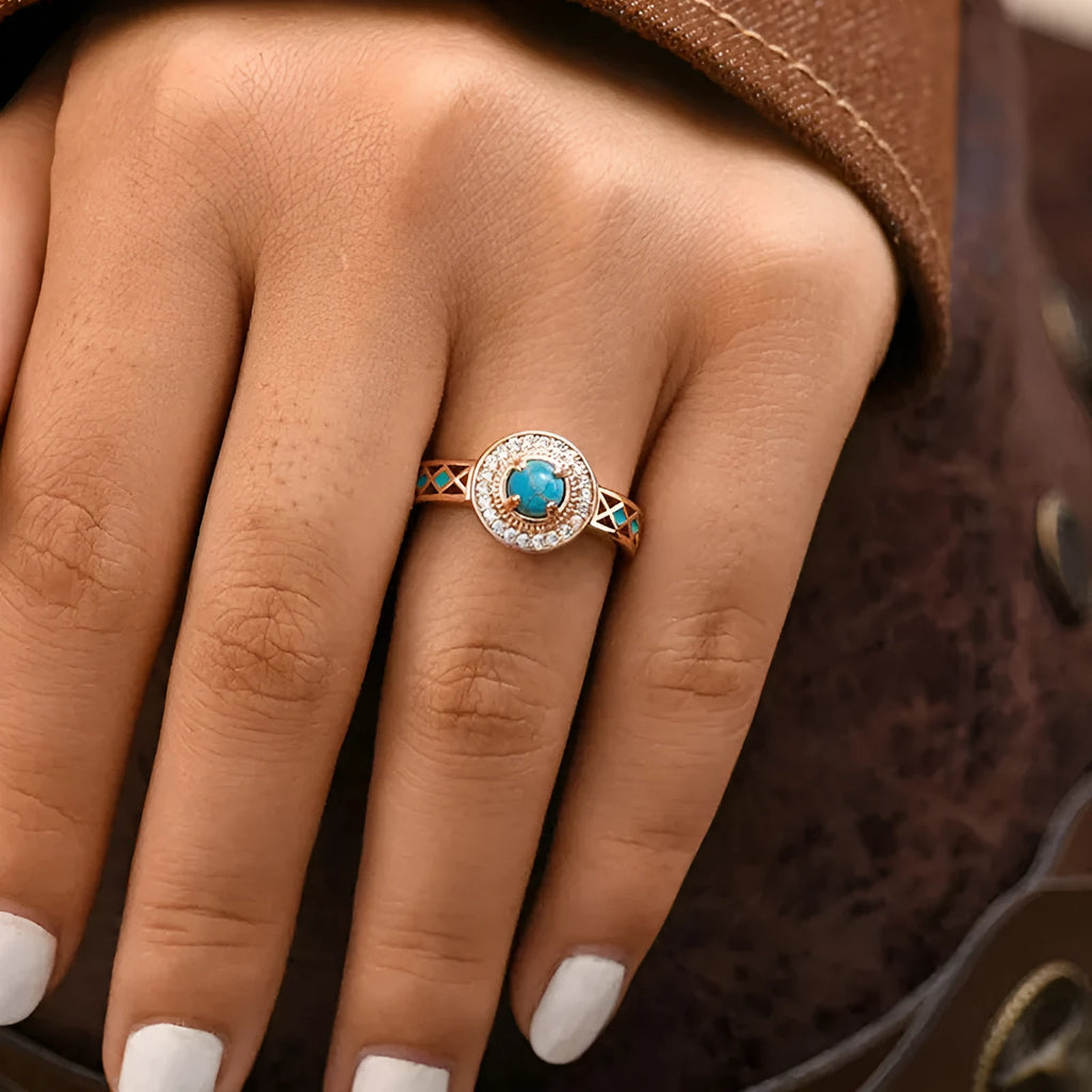 Women's turquoise ethnic style geometric copper ring with oil micro inlaid zircon in rose gold.