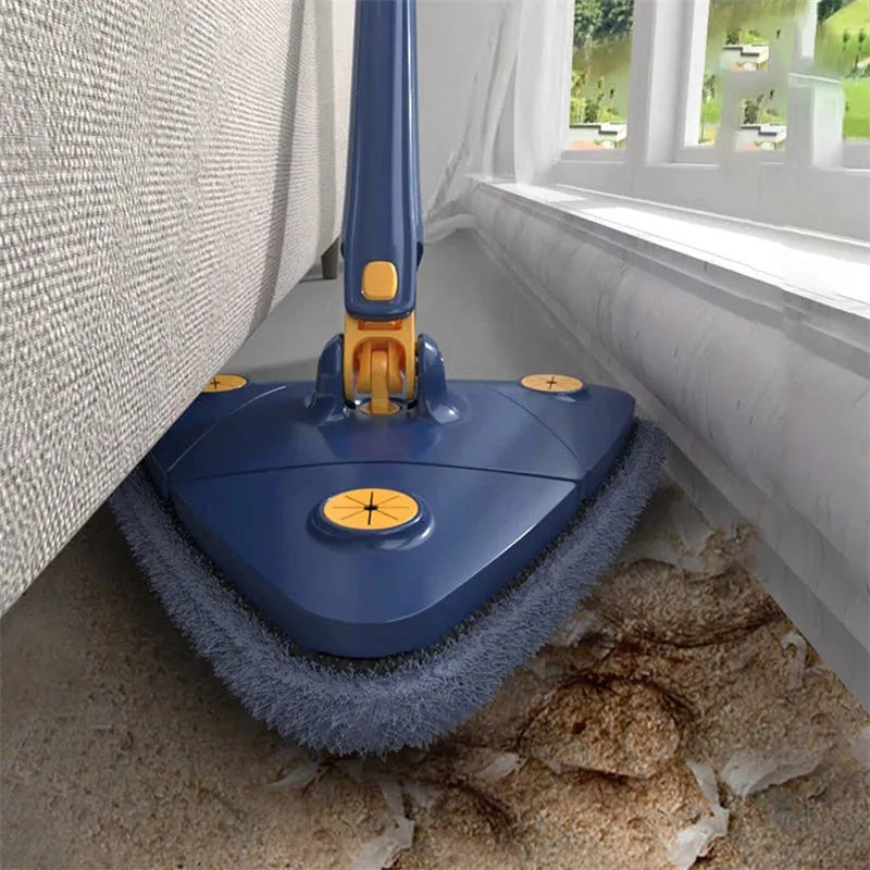 Blue extendable triangle cleaning mop with 360° rotating head and stainless steel pole