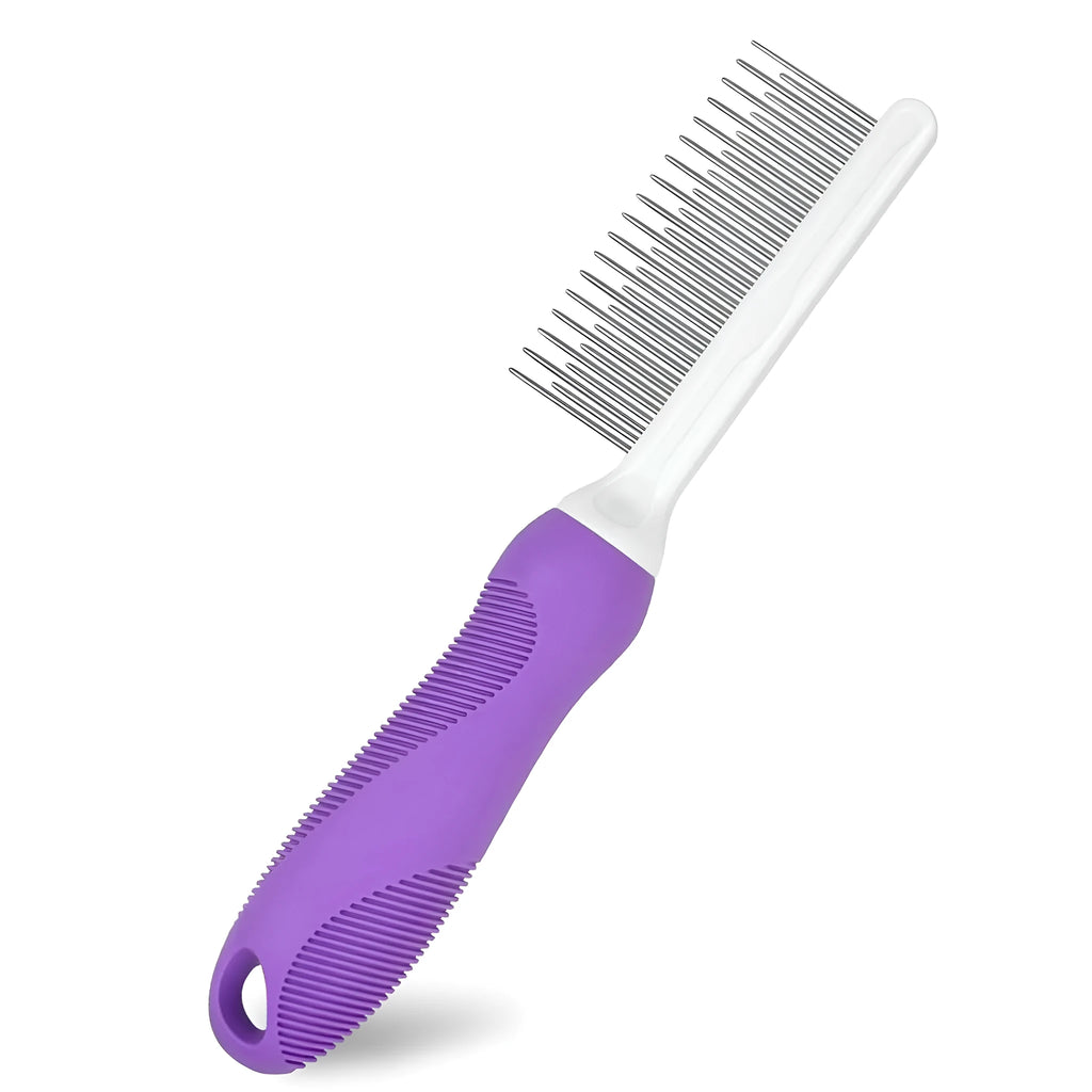 Purple pet detangling comb with stainless steel teeth for grooming cats and dogs