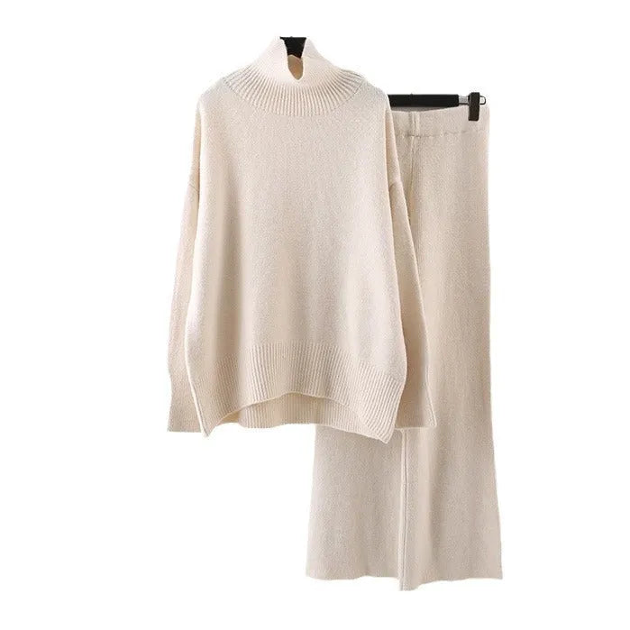 Women's beige casual sweater and wide-leg pants two-piece set on a hanger.