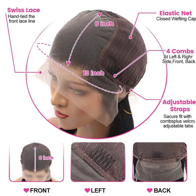 A black 13x6 straight lace front human hair wig displayed on a mannequin head, showing the natural hairline.