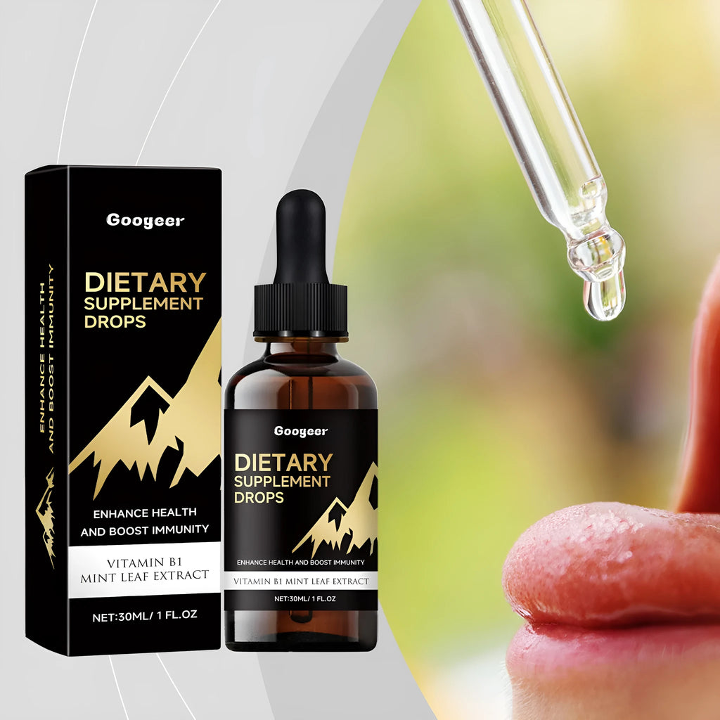 Bottle of clear liquid dietary supplement drops with a black dropper lid for precise dosing.