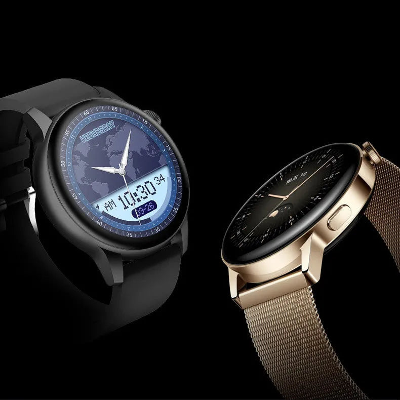 Stainless steel smart watch with colour touchscreen on wrist showing time display