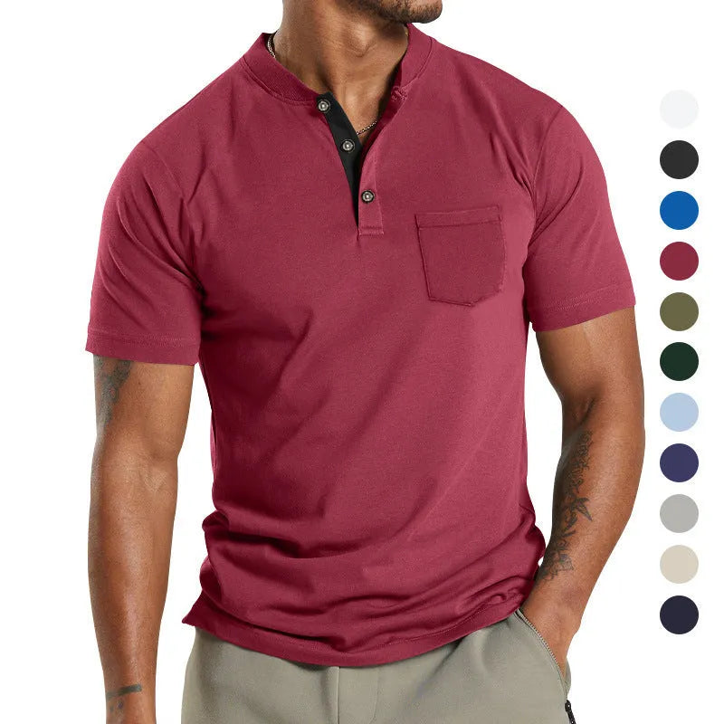 Plus size man wearing a short sleeve solid colour shirt with a button pocket on the sleeve.
