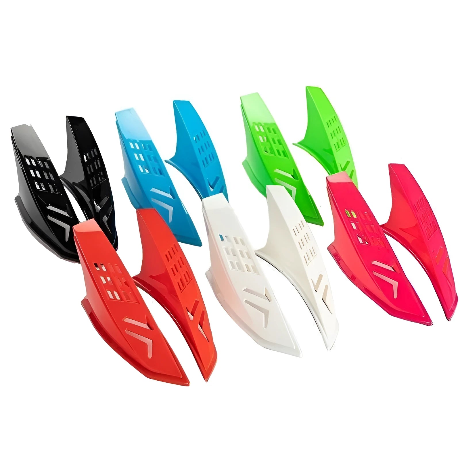 A pair of decorative horn accessories for children's helmets in various colours, shown with 3M adhesive backing.