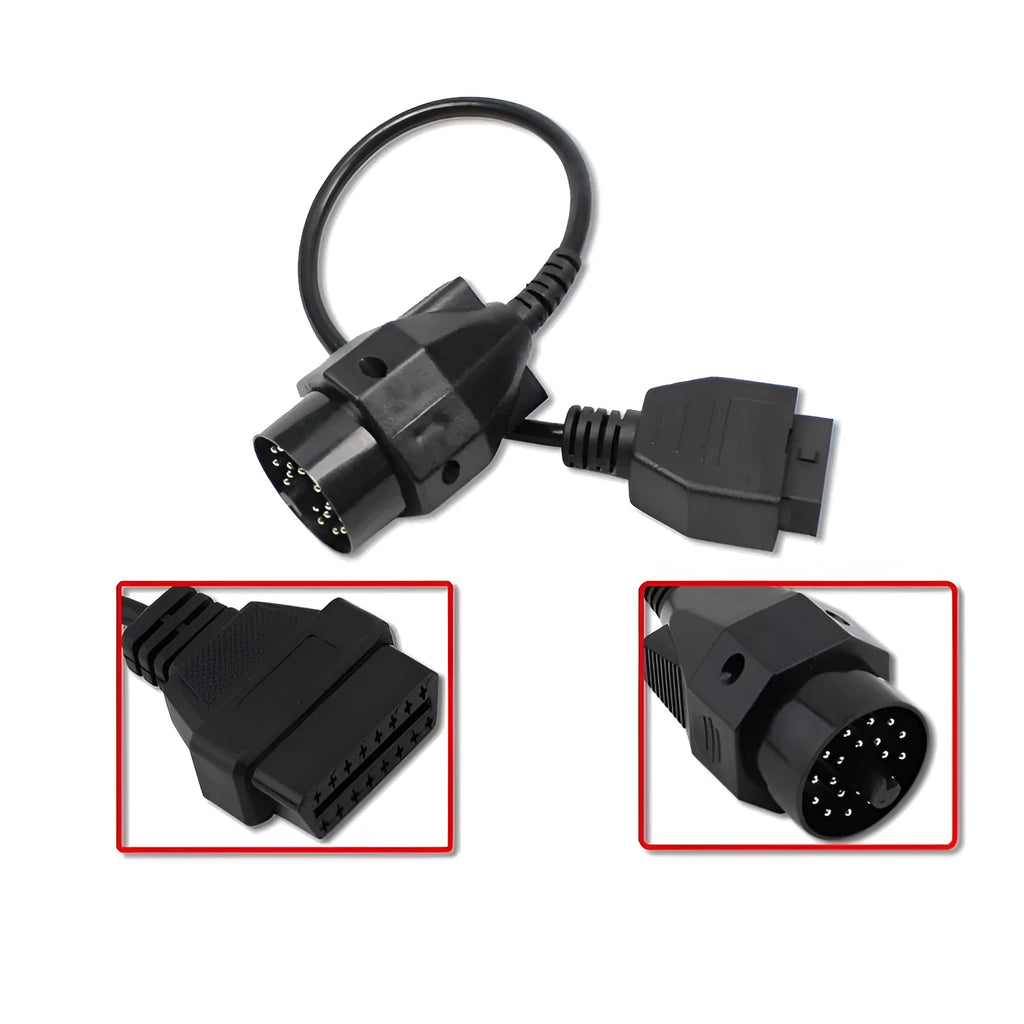 BMW OBD2 diagnostic adapter cable showing 20-pin and 16-pin OBD2 connectors