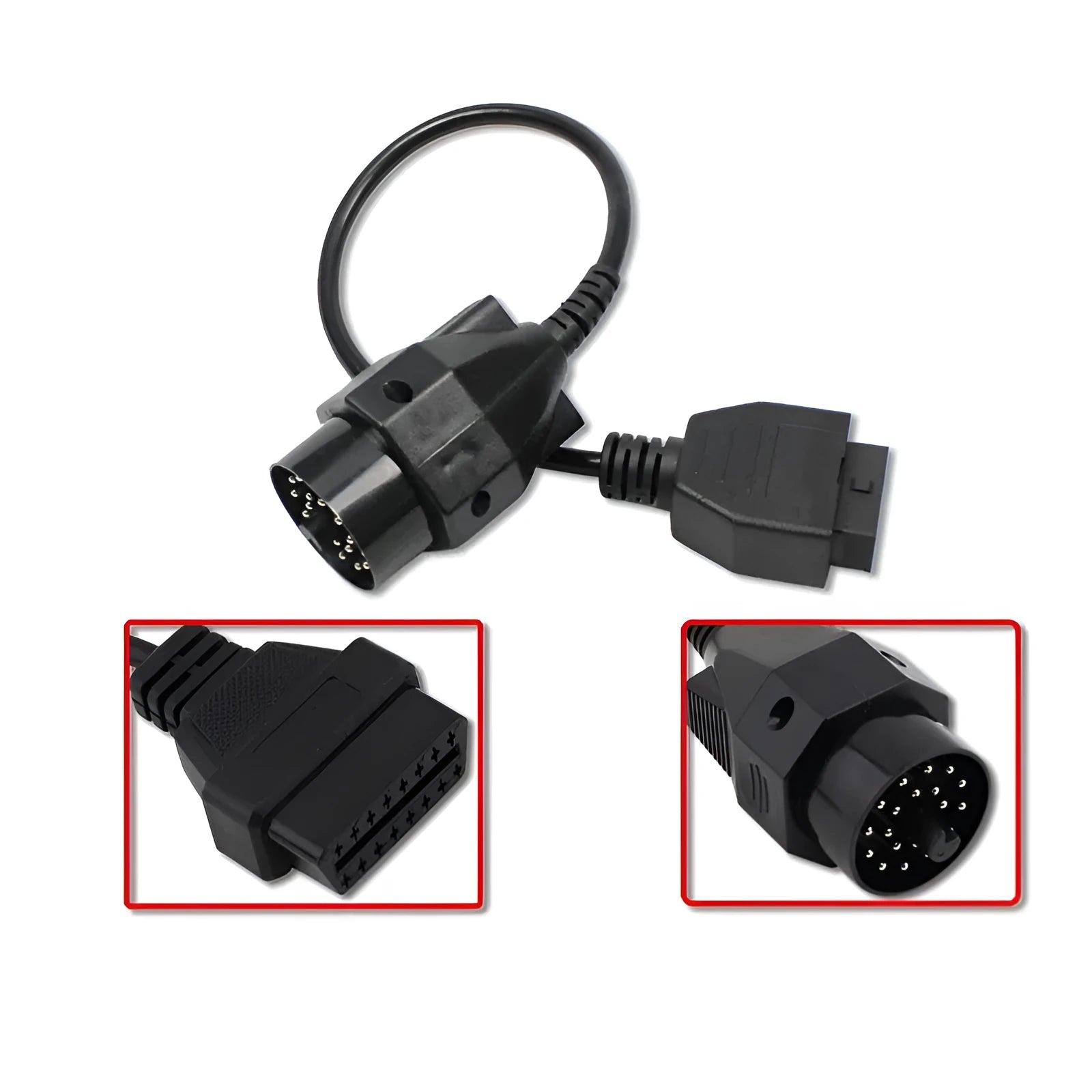 BMW OBD2 diagnostic adapter cable showing 20-pin and 16-pin OBD2 connectors