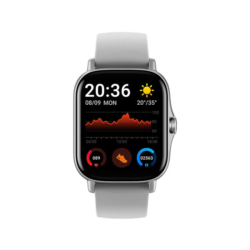 GT20 black smartwatch showing time on its 1.75-inch screen with a silicone wrist band.