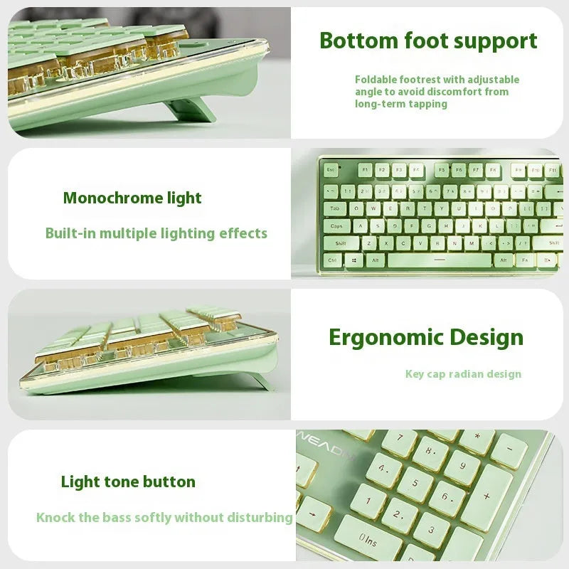 Prewalker V3 mechanical feel keyboard and mouse set in retro green colour on a desk.