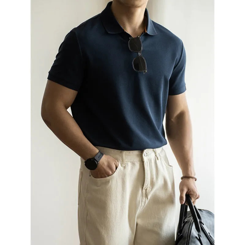 American-style men's short-sleeve polo shirt in blue cotton-polyester fabric