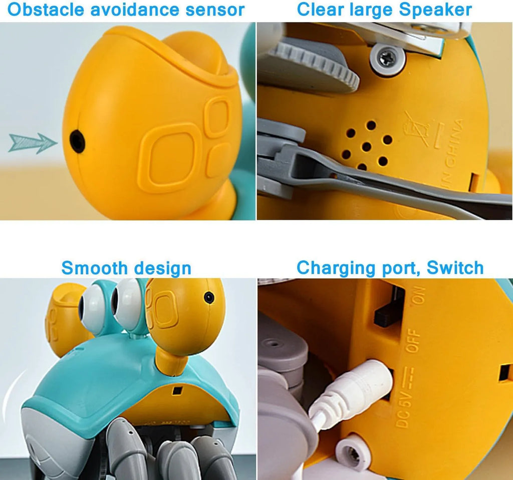 Blue electronic crawling crab dog toy with obstacle avoidance sensors on floor