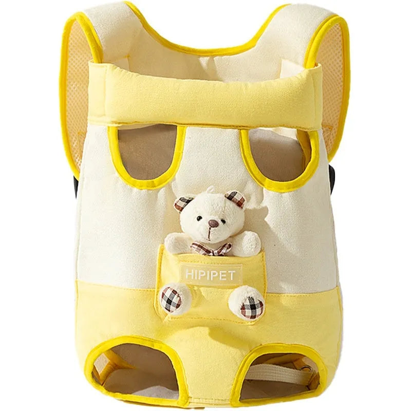 Soft cartoon animal design pet chest bag in canvas, shown in multiple colour stitching options.