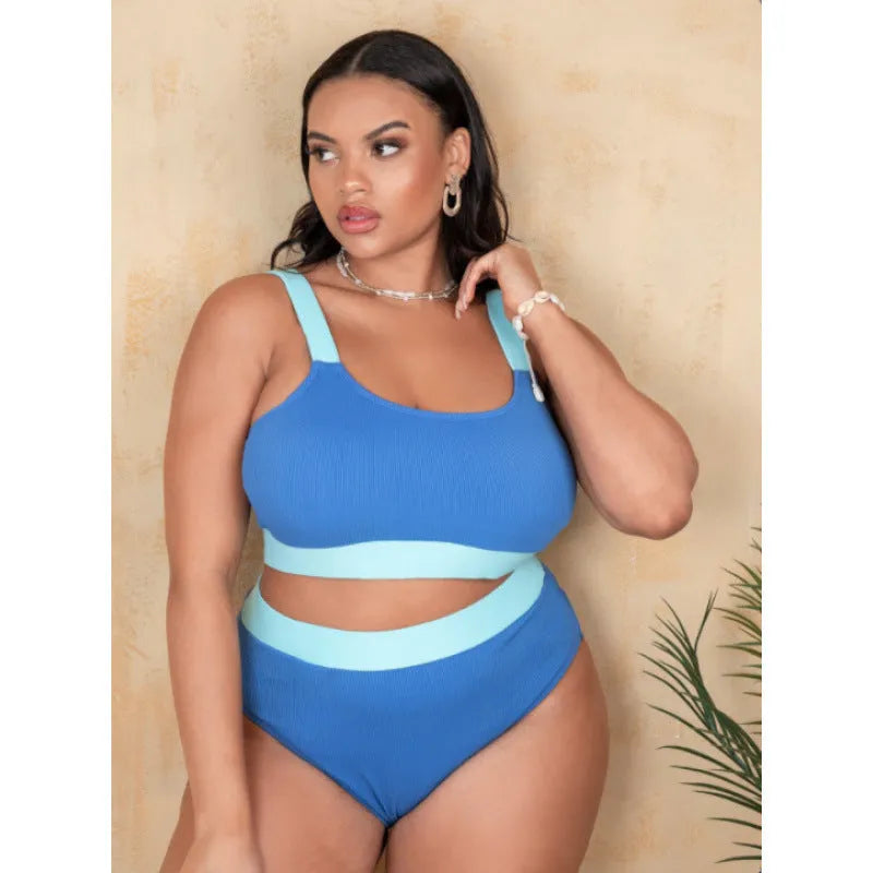 Women's high-waisted bikini set in pure colour polyester fabric with bandeau top