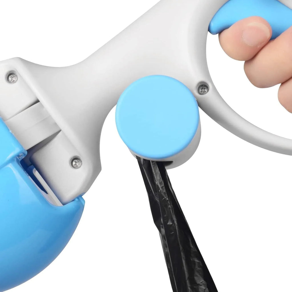 A black ABS plastic pet pooper scooper with a built-in trash bag holder and a carrying hook.