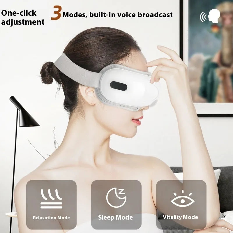 White rechargeable eye massager with airbag compression and heat therapy functions