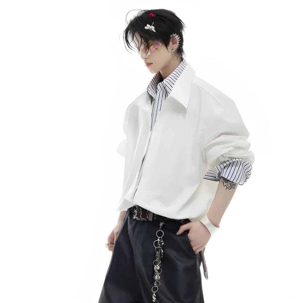 Men's loose fit striped contrast patchwork shirt top with bright thread decoration, water-washed polyester, long sleeves, available in multiple colours